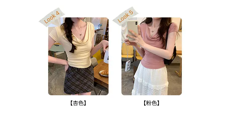Ins-Style Design Ribbed Drop-Neck Sexy Hot Girl One-Shoulder Short T-Shirt for Women, Slim Fit, Slimming Short-Sleeve Top for Women, Trendy — feature 5
