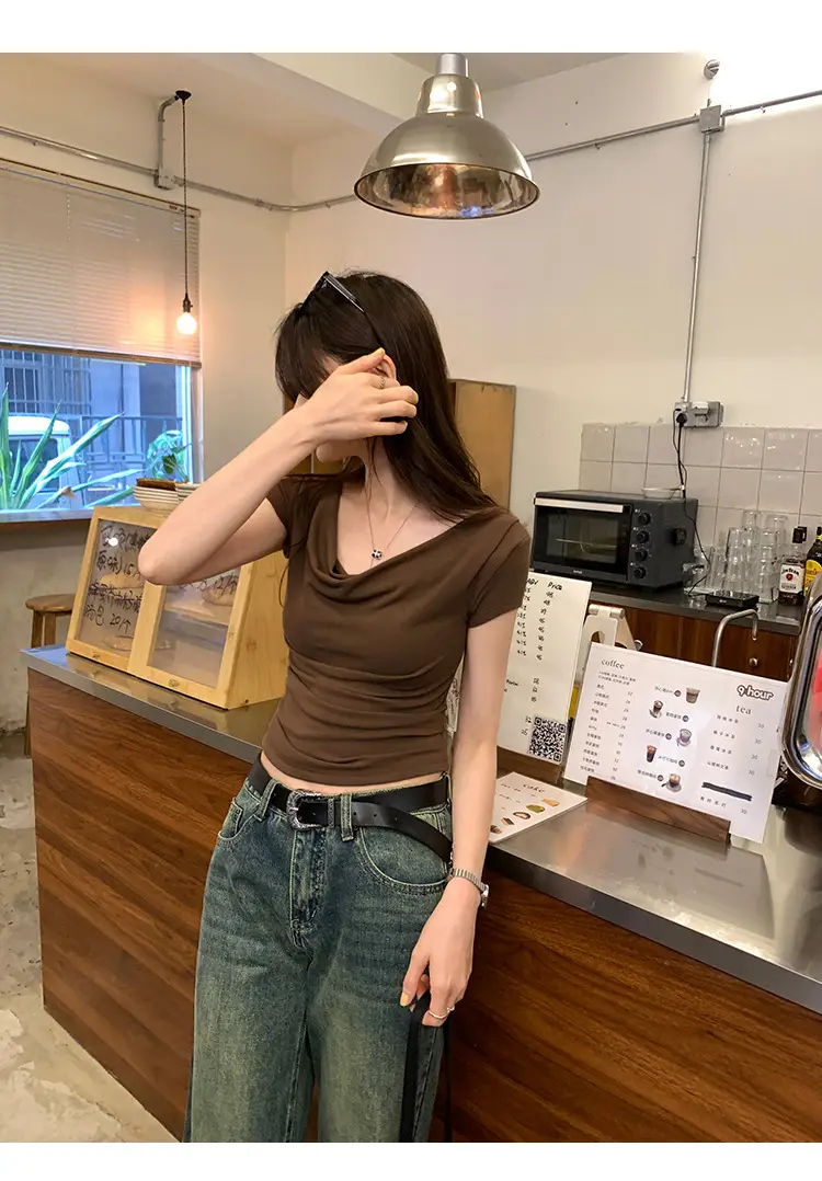 Ins-Style Design Ribbed Drop-Neck Sexy Hot Girl One-Shoulder Short T-Shirt for Women, Slim Fit, Slimming Short-Sleeve Top for Women, Trendy — feature 6