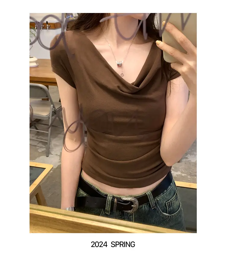 Ins-Style Design Ribbed Drop-Neck Sexy Hot Girl One-Shoulder Short T-Shirt for Women, Slim Fit, Slimming Short-Sleeve Top for Women, Trendy — feature 7