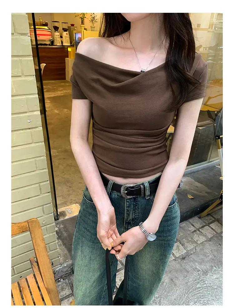 Ins-Style Design Ribbed Drop-Neck Sexy Hot Girl One-Shoulder Short T-Shirt for Women, Slim Fit, Slimming Short-Sleeve Top for Women, Trendy — feature 9