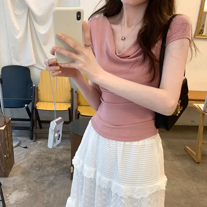 Ins-Style Design Ribbed Drop-Neck Sexy Hot Girl One-Shoulder Short T-Shirt for Women, Slim Fit, Slimming Short-Sleeve Top for Women, Trendy