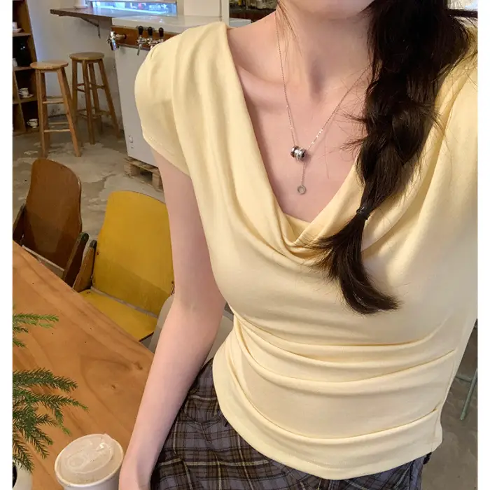 Ins-Style Design Ribbed Drop-Neck Sexy Hot Girl One-Shoulder Short T-Shirt for Women, Slim Fit, Slimming Short-Sleeve Top for Women, Trendy