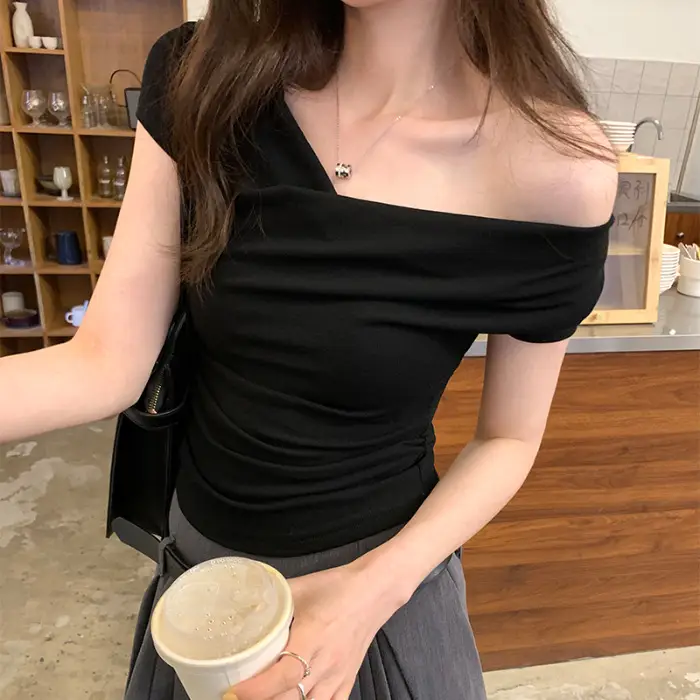 Ins-Style Design Ribbed Drop-Neck Sexy Hot Girl One-Shoulder Short T-Shirt for Women, Slim Fit, Slimming Short-Sleeve Top for Women, Trendy