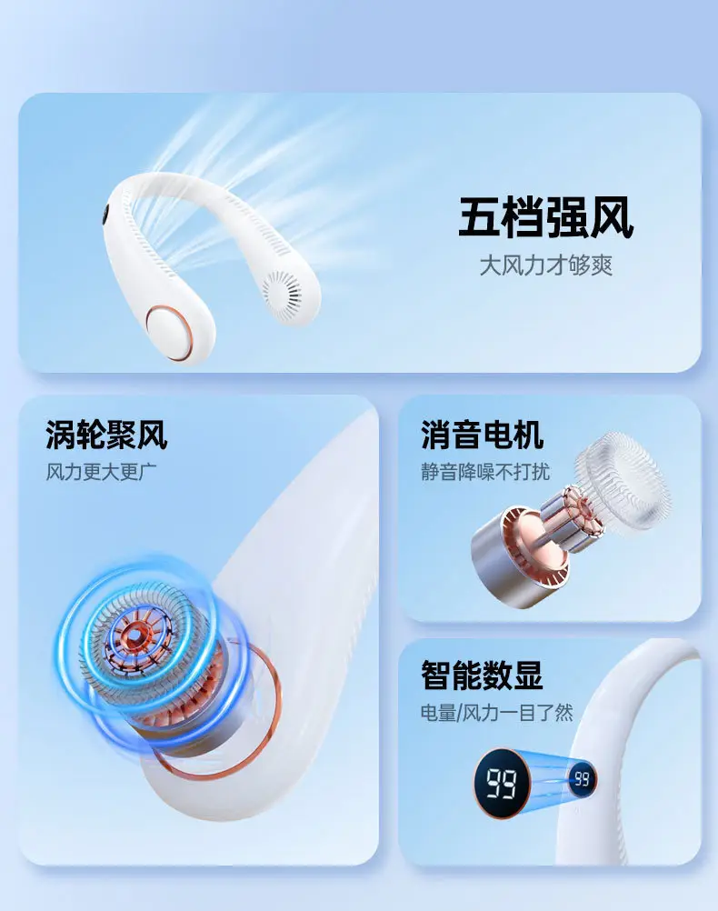 Bladeless Neck Fan with Five-Speed Strong Wind, Silent Summer Portable Bladeless Outdoor Fan, USB Rechargeable — feature 8