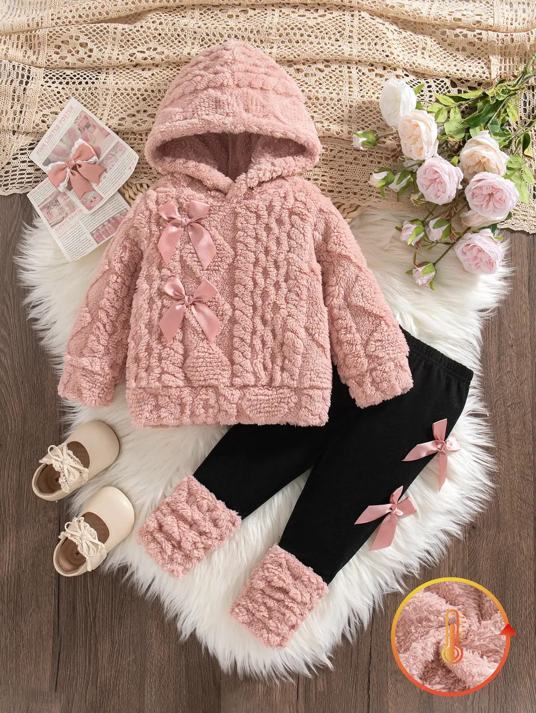 Cross-Border Autumn and Winter Baby Hooded 2026 Warm Plush Pink Long-Sleeve Hooded Top + Black Pants Wholesale - Image 5