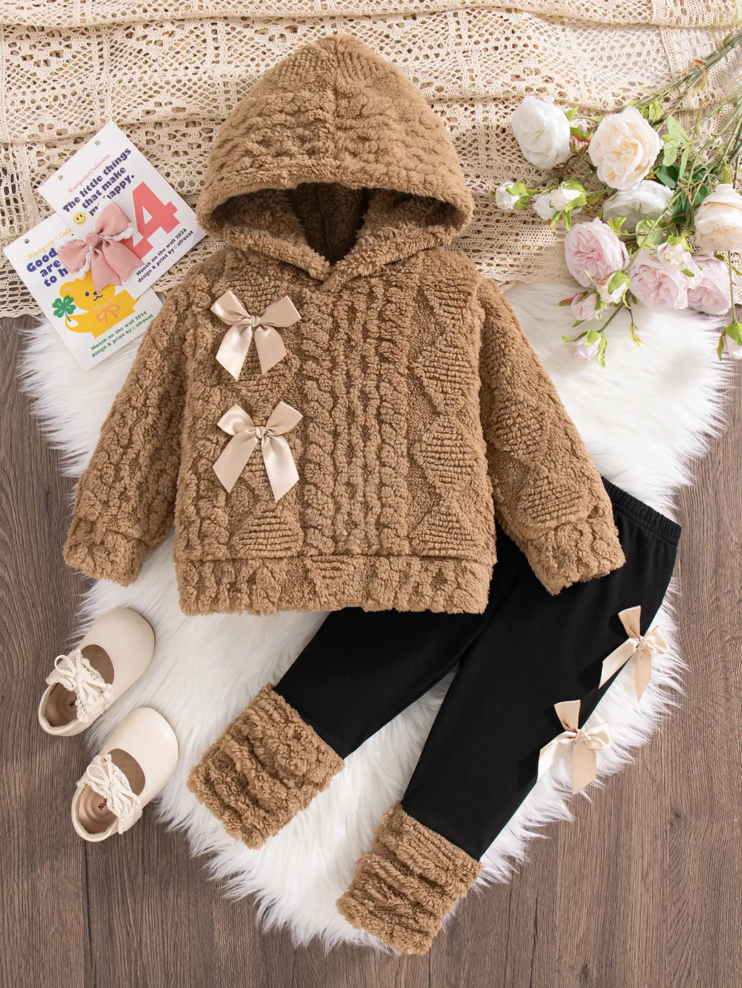 Cross-Border Autumn and Winter Baby Hooded 2026 Warm Plush Pink Long-Sleeve Hooded Top + Black Pants Wholesale - Image 3