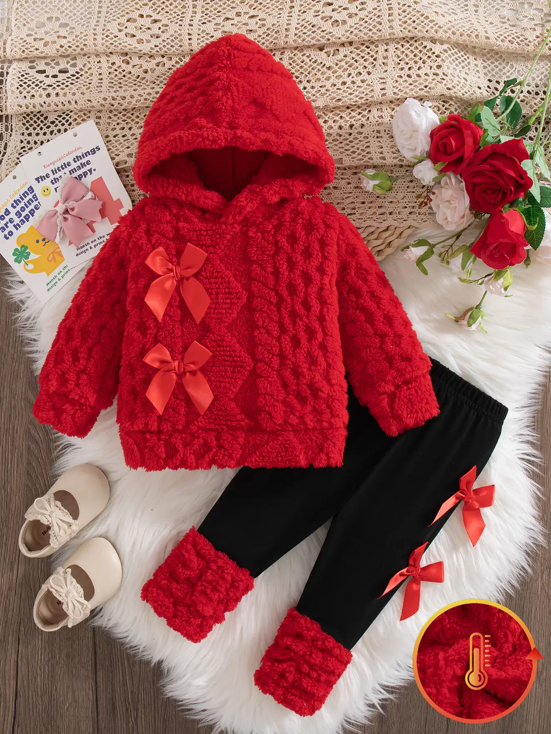Cross-Border Autumn and Winter Baby Hooded 2026 Warm Plush Pink Long-Sleeve Hooded Top + Black Pants Wholesale - Image 4