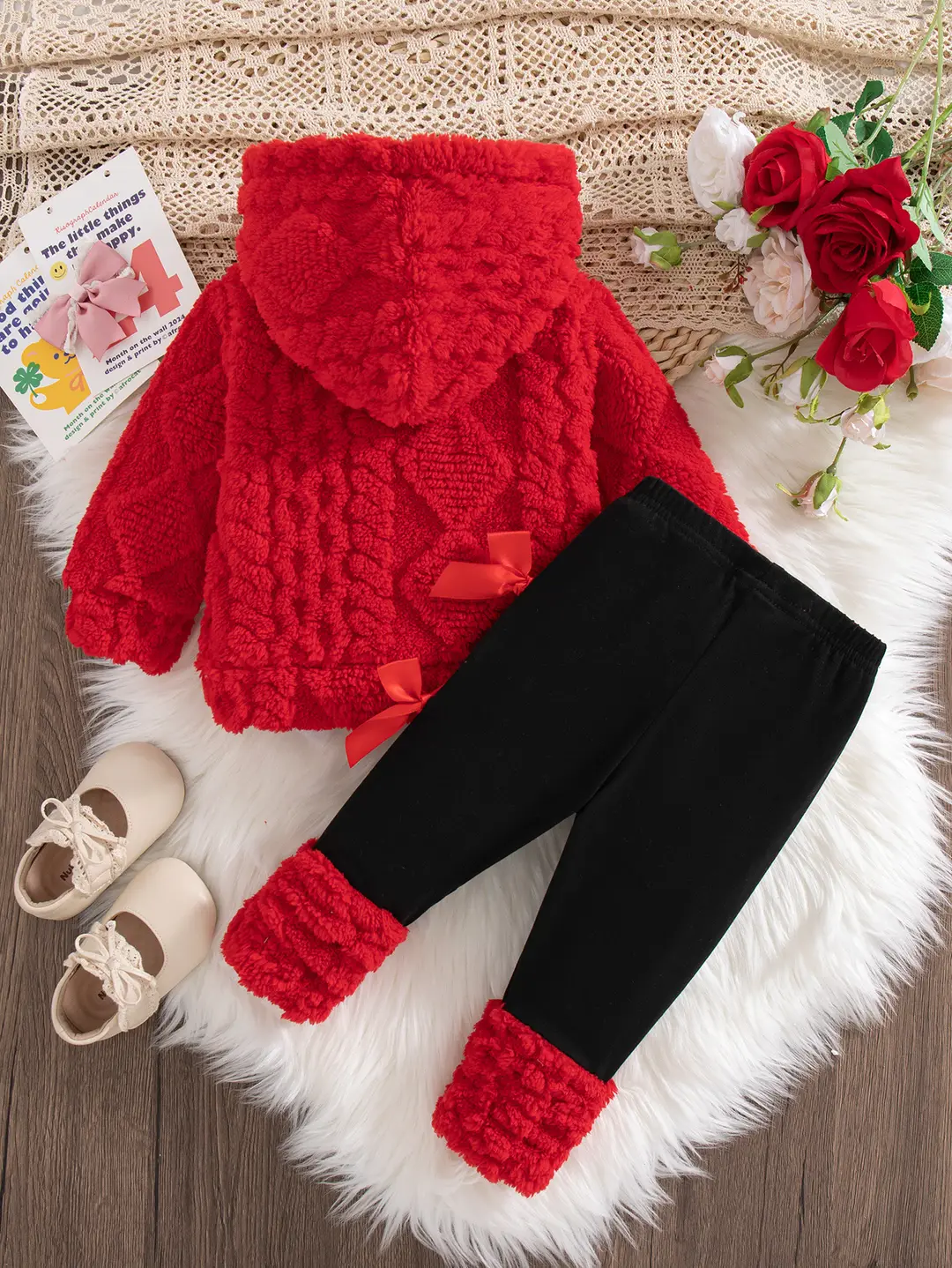 Cross-Border Autumn and Winter Baby Hooded 2026 Warm Plush Pink Long-Sleeve Hooded Top + Black Pants Wholesale - Image 6