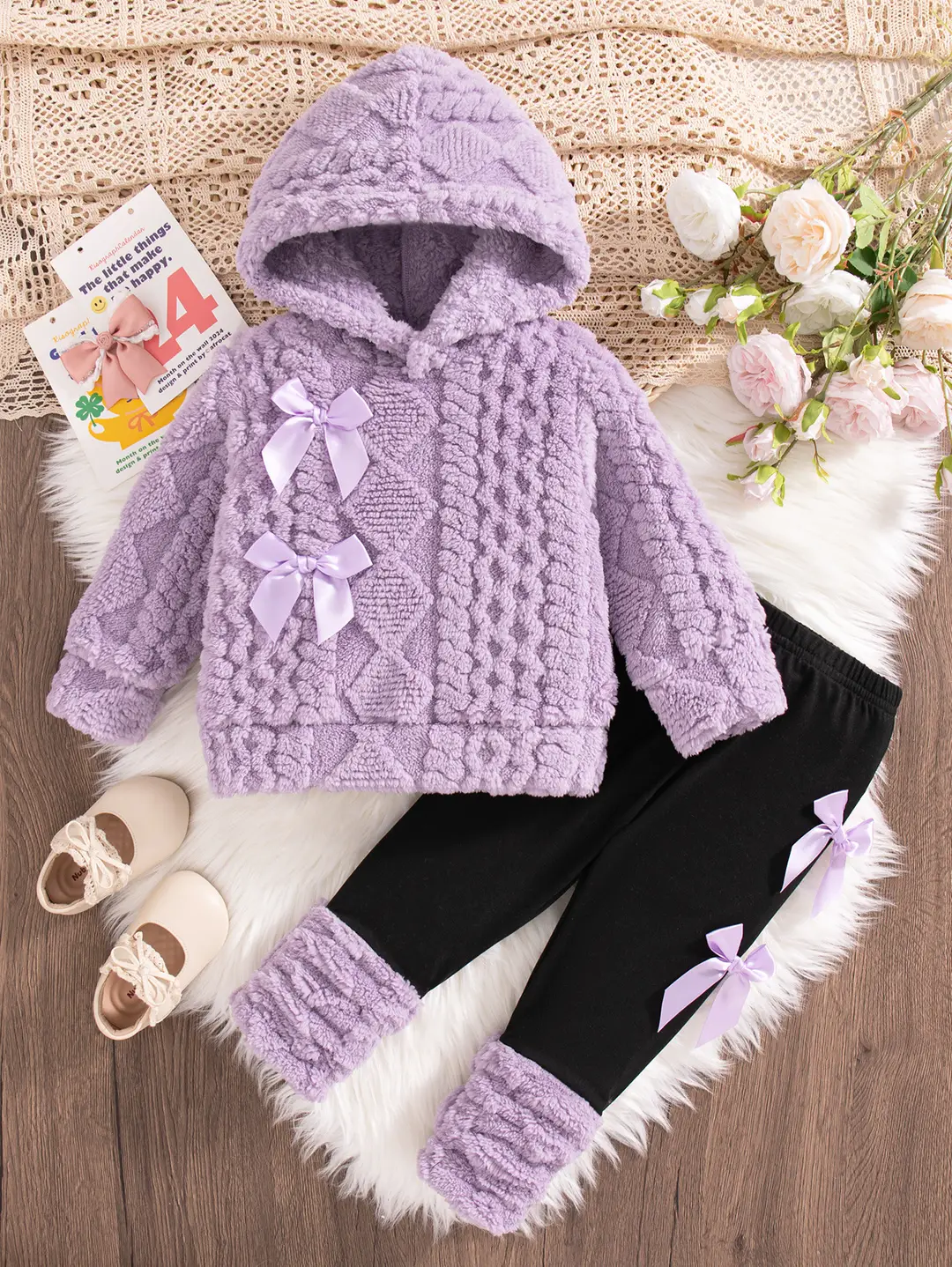 Cross-Border Autumn and Winter Baby Hooded 2026 Warm Plush Pink Long-Sleeve Hooded Top + Black Pants Wholesale — feature 12