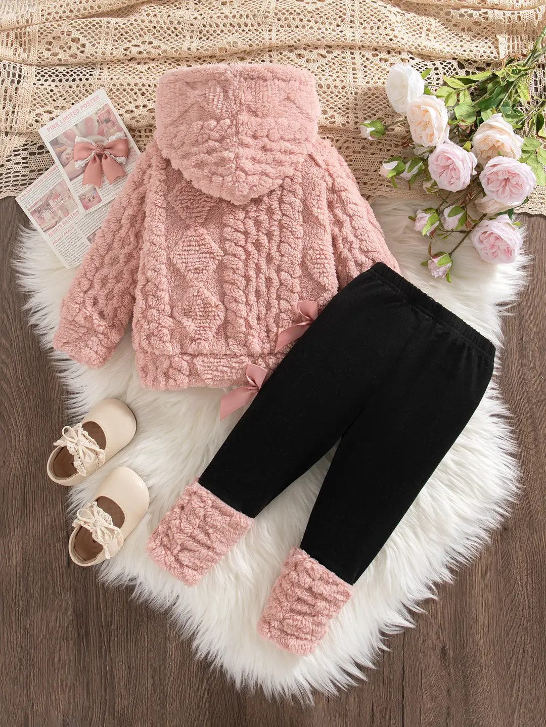 Cross-Border Autumn and Winter Baby Hooded 2026 Warm Plush Pink Long-Sleeve Hooded Top + Black Pants Wholesale — feature 3