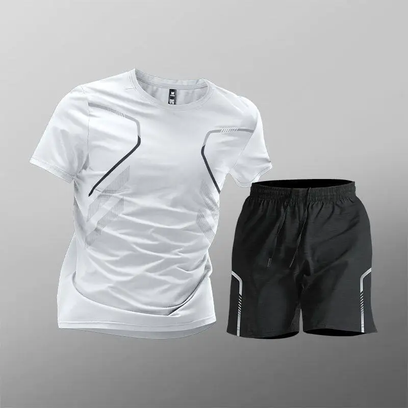 Sports Suit Men's Ice Silk Quick-Drying Clothing Fitness T-Shirt Running Short-Sleeved Shorts Training Clothing Ice Silk Quick-Drying Cross-Border