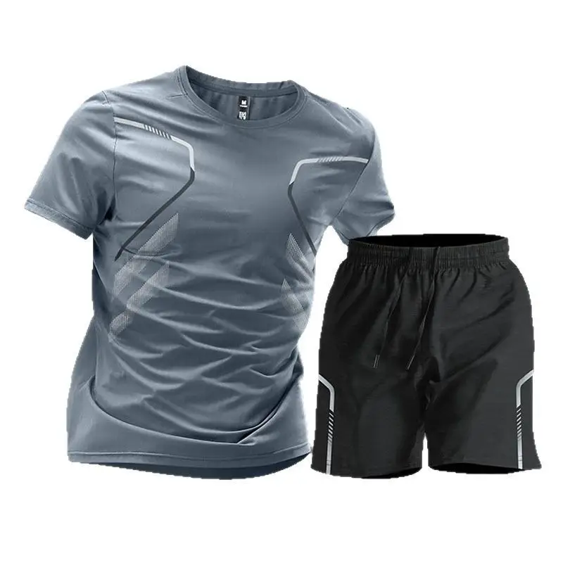 Sports Suit Men's Ice Silk Quick-Drying Clothing Fitness T-Shirt Running Short-Sleeved Shorts Training Clothing Ice Silk Quick-Drying Cross-Border