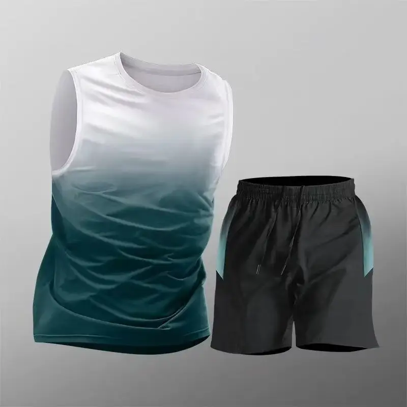 Sports Suit Men's Ice Silk Quick-Drying Clothing Fitness T-Shirt Running Short-Sleeved Shorts Training Clothing Ice Silk Quick-Drying Cross-Border
