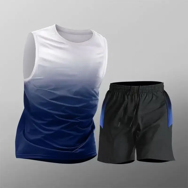 Sports Suit Men's Ice Silk Quick-Drying Clothing Fitness T-Shirt Running Short-Sleeved Shorts Training Clothing Ice Silk Quick-Drying Cross-Border