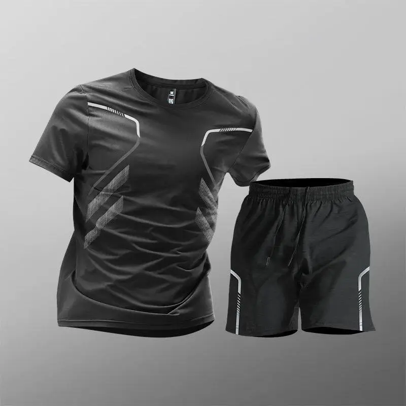 Sports Suit Men's Ice Silk Quick-Drying Clothing Fitness T-Shirt Running Short-Sleeved Shorts Training Clothing Ice Silk Quick-Drying Cross-Border