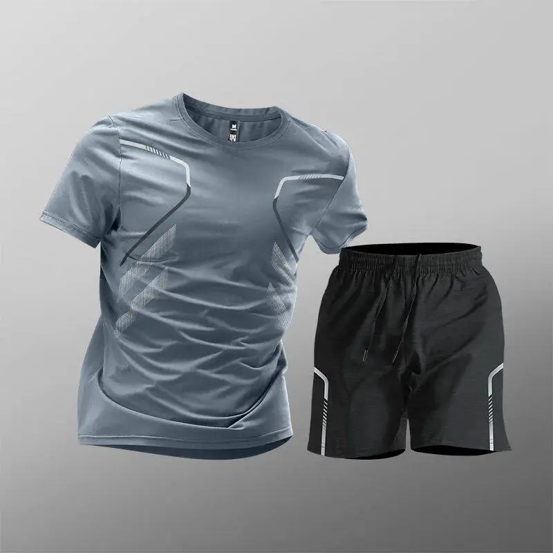 Sports Suit Men's Ice Silk Quick-Drying Clothing Fitness T-Shirt Running Short-Sleeved Shorts Training Clothing Ice Silk Quick-Drying Cross-Border
