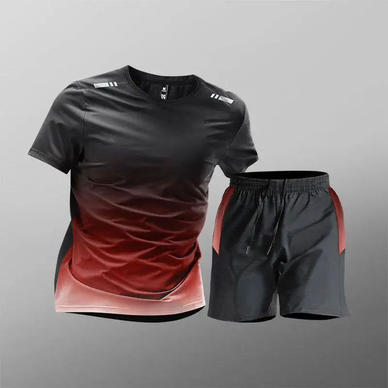 Sports Suit Men's Ice Silk Quick-Drying Clothing Fitness T-Shirt Running Short-Sleeved Shorts Training Clothing Ice Silk Quick-Drying Cross-Border
