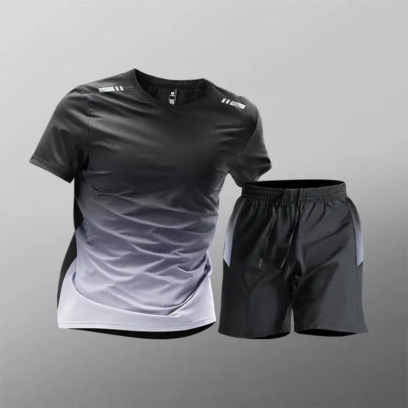 Sports Suit Men's Ice Silk Quick-Drying Clothing Fitness T-Shirt Running Short-Sleeved Shorts Training Clothing Ice Silk Quick-Drying Cross-Border