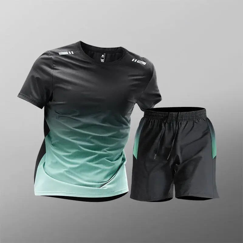 Sports Suit Men's Ice Silk Quick-Drying Clothing Fitness T-Shirt Running Short-Sleeved Shorts Training Clothing Ice Silk Quick-Drying Cross-Border