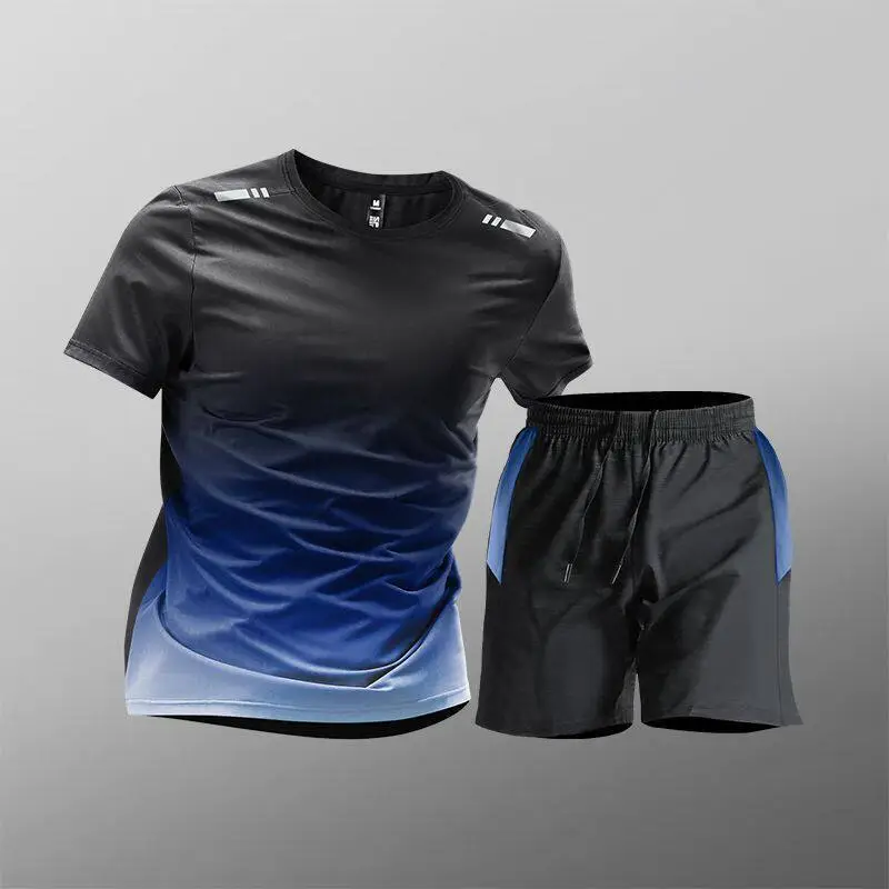 Sports Suit Men's Ice Silk Quick-Drying Clothing Fitness T-Shirt Running Short-Sleeved Shorts Training Clothing Ice Silk Quick-Drying Cross-Border