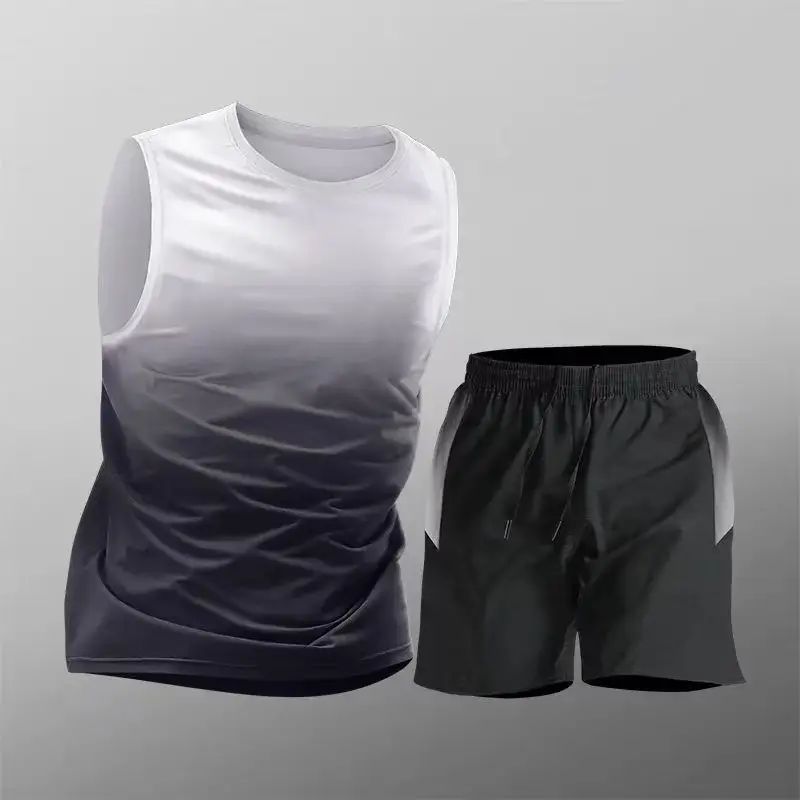 Sports Suit Men's Ice Silk Quick-Drying Clothing Fitness T-Shirt Running Short-Sleeved Shorts Training Clothing Ice Silk Quick-Drying Cross-Border