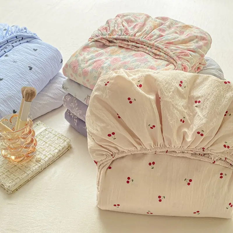 Class a Maternal and Infant Grade Double-Layer Gauze Fitted Sheet Set, Three-Piece Set, Pure Cotton Feel, All-Season Mattress Protector, Full-Cover Bed Cover