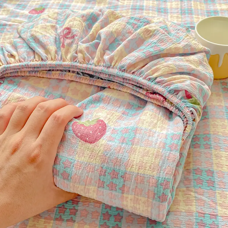 Class a Maternal and Infant Grade Double-Layer Gauze Fitted Sheet Set, Three-Piece Set, Pure Cotton Feel, All-Season Mattress Protector, Full-Cover Bed Cover