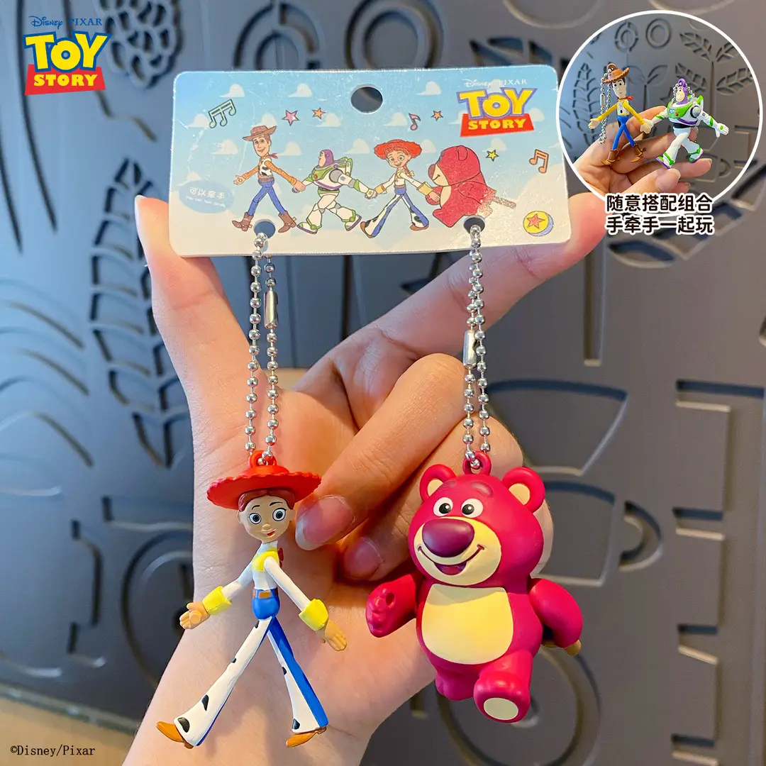 Authentic Toy Story Hand-In-Hand Couple Keychain Cartoon Woody and Buzz Lightyear Doll Keychain Pendant