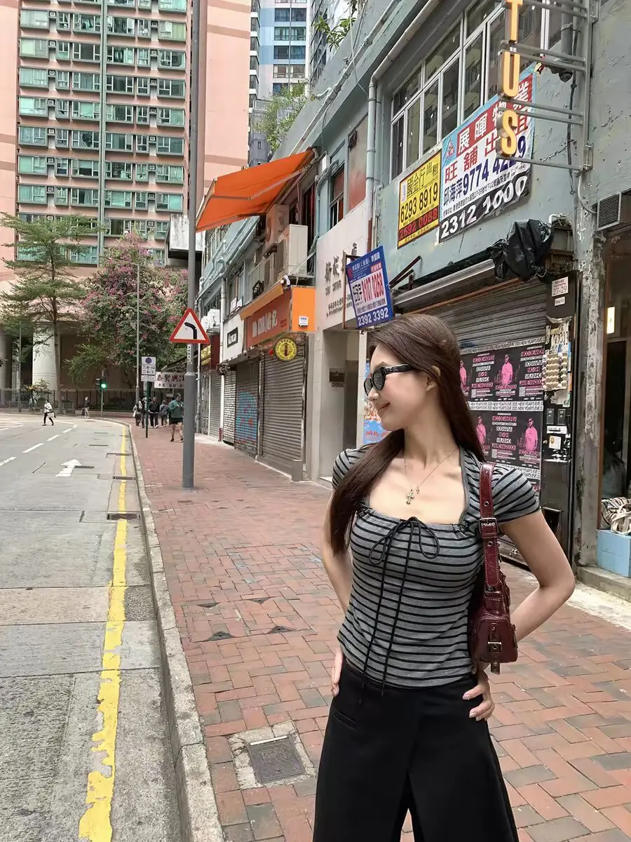 Yeyuan Korean-Style Niche Retro Striped Short-Sleeve T-Shirt for Women, Summer Square-Neck Slim-Fit Versatile Top