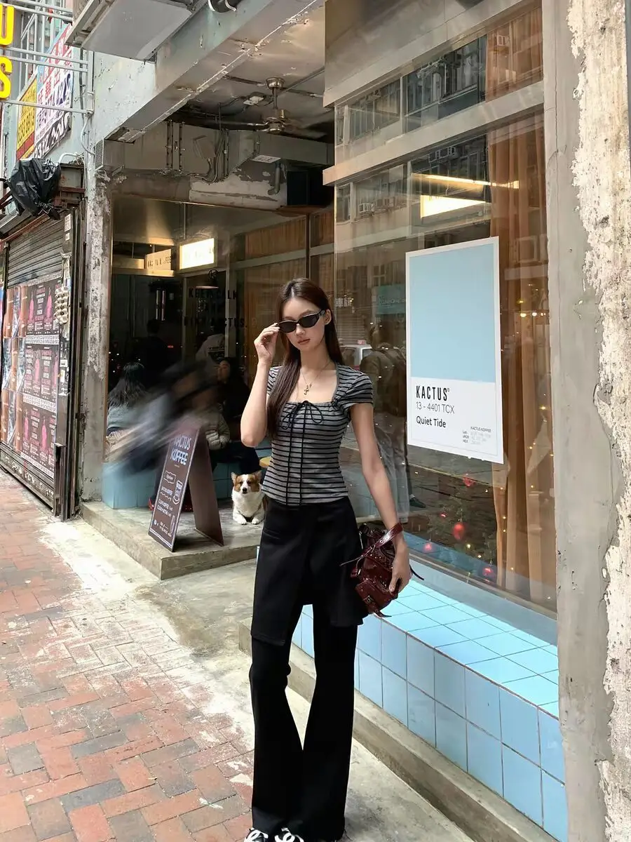 Yeyuan Korean-Style Niche Retro Striped Short-Sleeve T-Shirt for Women, Summer Square-Neck Slim-Fit Versatile Top