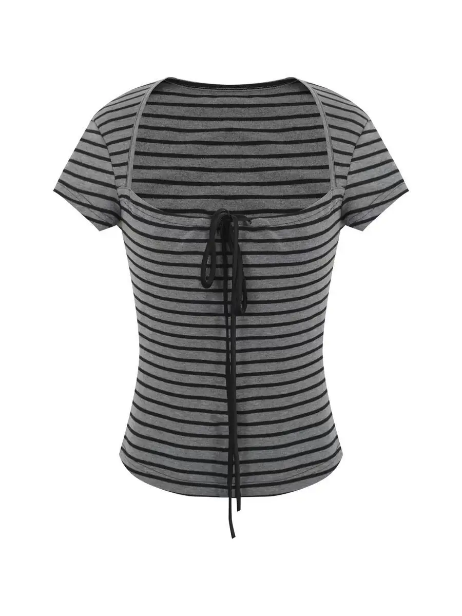 Yeyuan Korean-Style Niche Retro Striped Short-Sleeve T-Shirt for Women, Summer Square-Neck Slim-Fit Versatile Top — feature 2