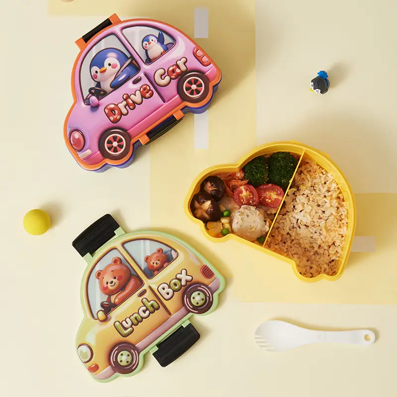 New Plastic Car-Shaped Lunch Box for Children, Cute Cartoon Design, Compartmentalized Pp Food Container, Bento Box, Microwaveable
