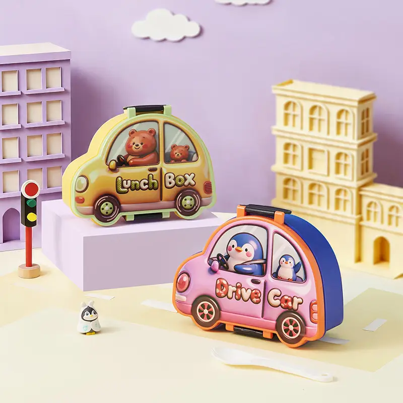 New Plastic Car-Shaped Lunch Box for Children, Cute Cartoon Design, Compartmentalized Pp Food Container, Bento Box, Microwaveable