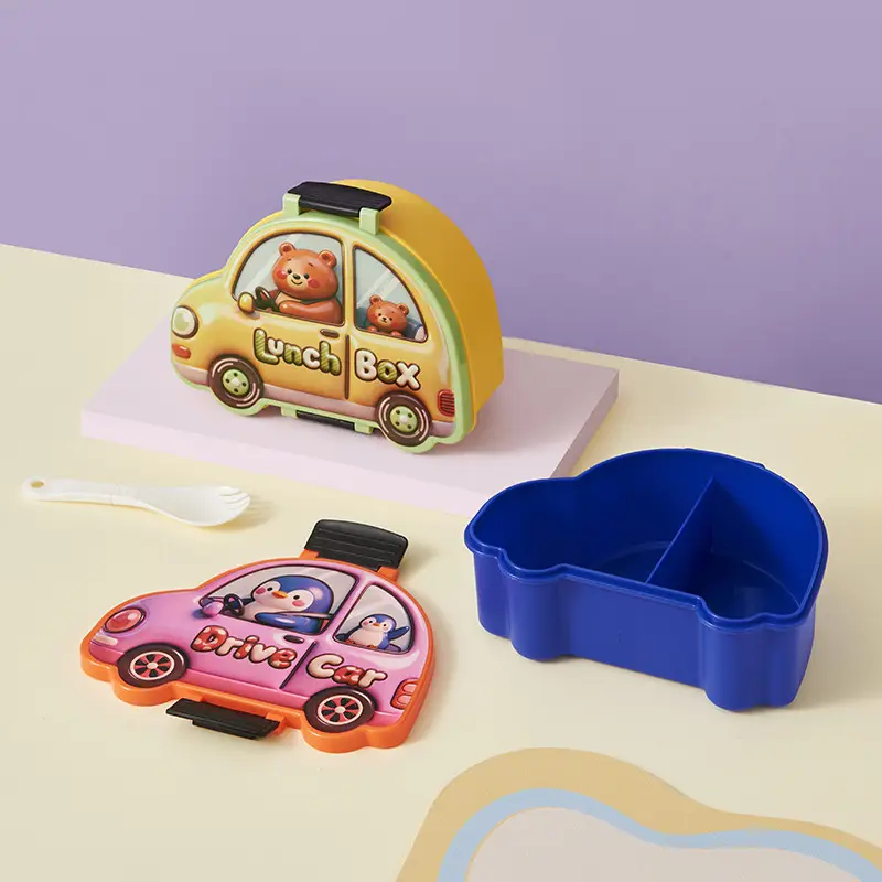 New Plastic Car-Shaped Lunch Box for Children, Cute Cartoon Design, Compartmentalized Pp Food Container, Bento Box, Microwaveable