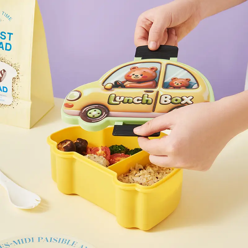 New Plastic Car-Shaped Lunch Box for Children, Cute Cartoon Design, Compartmentalized Pp Food Container, Bento Box, Microwaveable