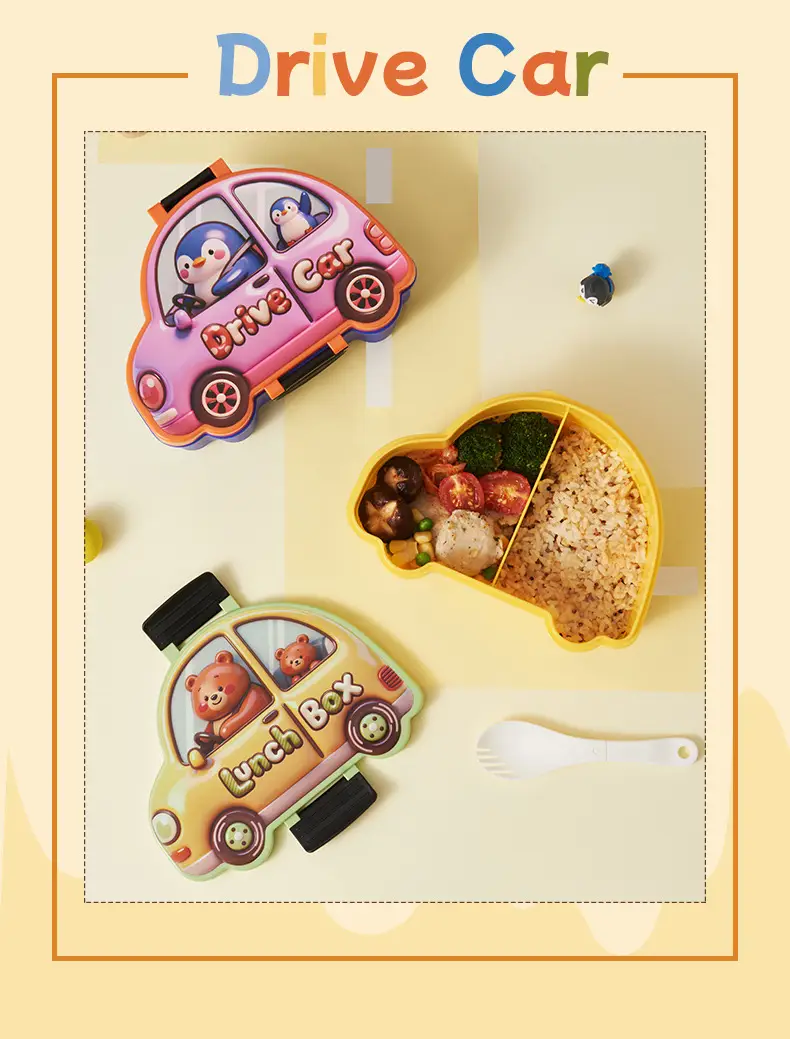 New Plastic Car-Shaped Lunch Box for Children, Cute Cartoon Design, Compartmentalized Pp Food Container, Bento Box, Microwaveable — feature 3
