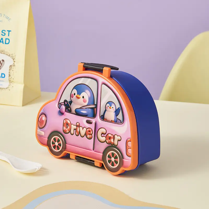 New Plastic Car-Shaped Lunch Box for Children, Cute Cartoon Design, Compartmentalized Pp Food Container, Bento Box, Microwaveable