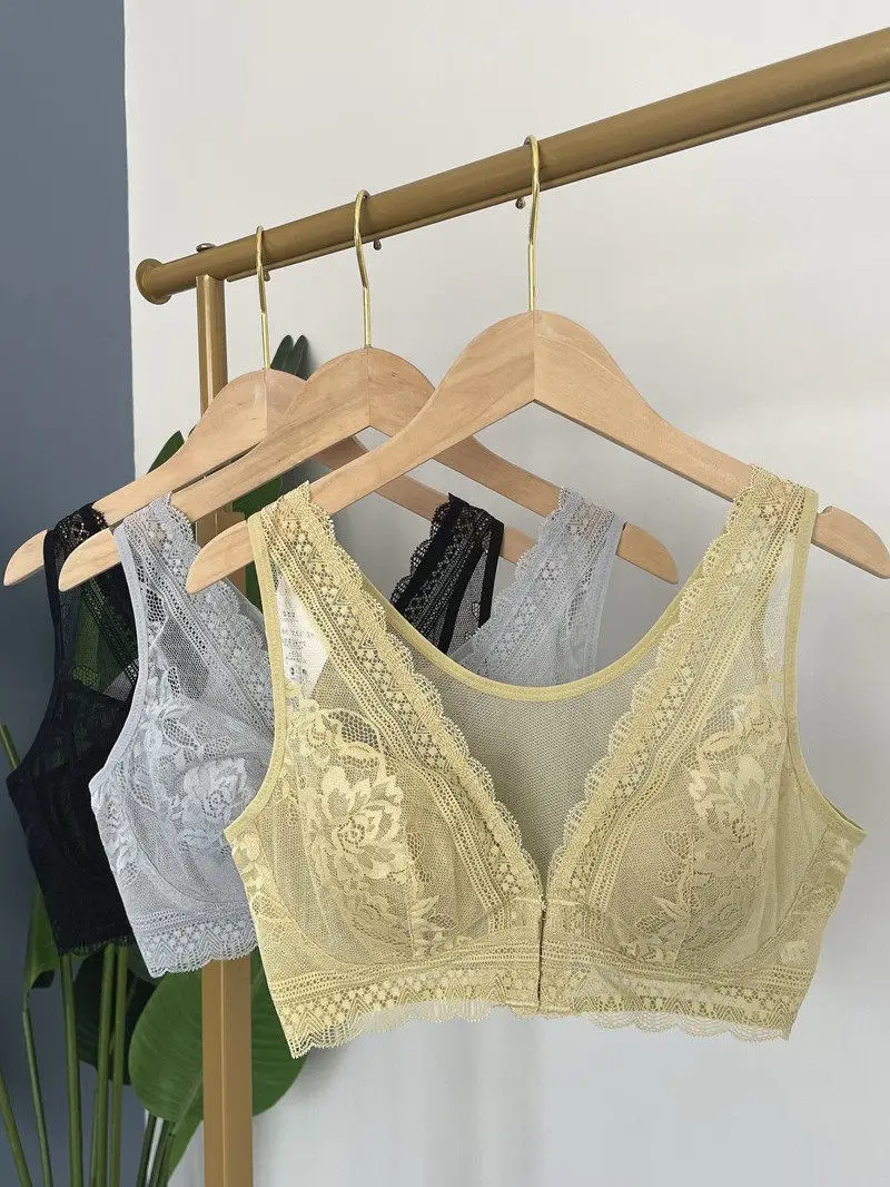 New Style Front-Button Lace Rabbit Ear Bra, Mulberry Silk Large Size Vest-Style Bra That Makes Big Breasts Appear Smaller