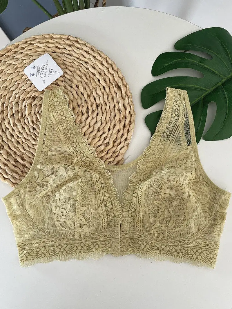 New Style Front-Button Lace Rabbit Ear Bra, Mulberry Silk Large Size Vest-Style Bra That Makes Big Breasts Appear Smaller