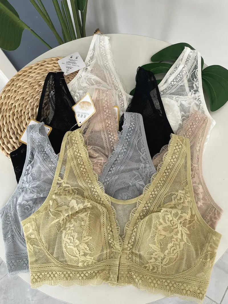 New Style Front-Button Lace Rabbit Ear Bra, Mulberry Silk Large Size Vest-Style Bra That Makes Big Breasts Appear Smaller