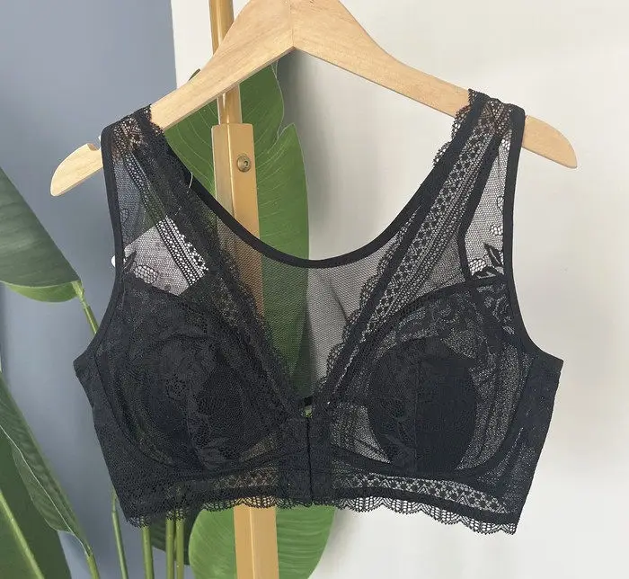 New Style Front-Button Lace Rabbit Ear Bra, Mulberry Silk Large Size Vest-Style Bra That Makes Big Breasts Appear Smaller