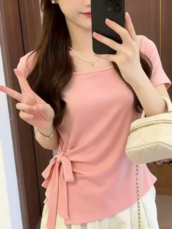 French-Style Pure Desire Square-Neck Irregular Tie Waist Slimming Short-Sleeve T-Shirt 2026 Summer New Elegant Top