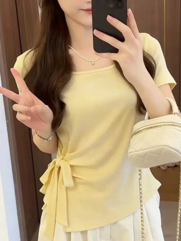 French-Style Pure Desire Square-Neck Irregular Tie Waist Slimming Short-Sleeve T-Shirt 2026 Summer New Elegant Top