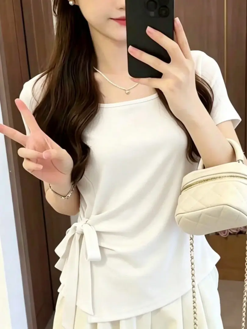 French-Style Pure Desire Square-Neck Irregular Tie Waist Slimming Short-Sleeve T-Shirt 2026 Summer New Elegant Top