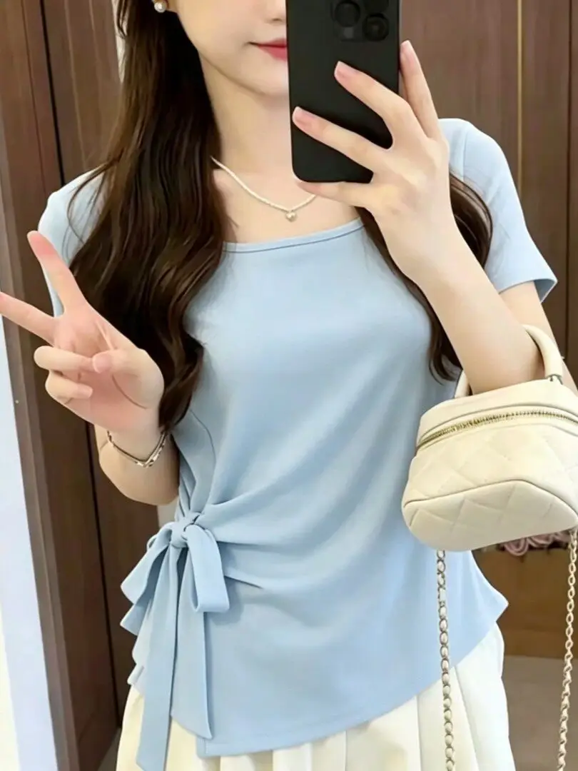 French-Style Pure Desire Square-Neck Irregular Tie Waist Slimming Short-Sleeve T-Shirt 2026 Summer New Elegant Top