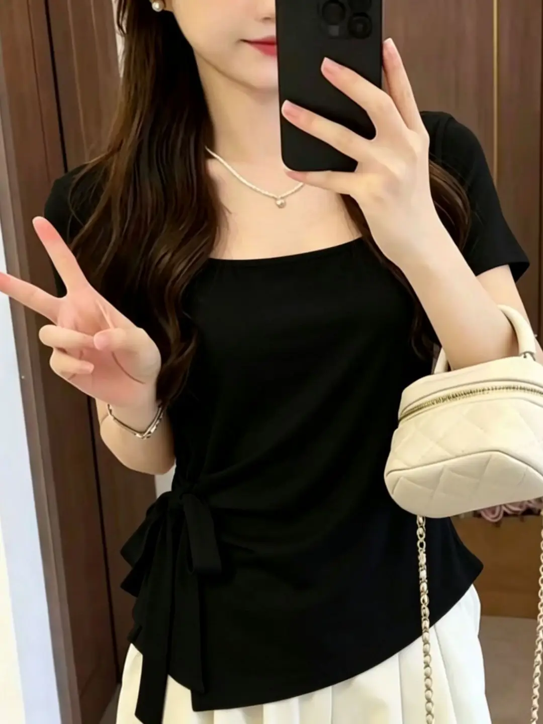 French-Style Pure Desire Square-Neck Irregular Tie Waist Slimming Short-Sleeve T-Shirt 2026 Summer New Elegant Top