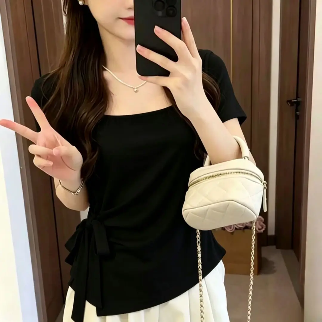 French-Style Pure Desire Square-Neck Irregular Tie Waist Slimming Short-Sleeve T-Shirt 2026 Summer New Elegant Top