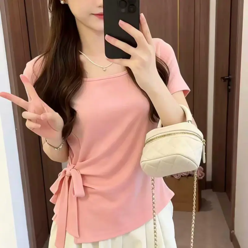 French-Style Pure Desire Square-Neck Irregular Tie Waist Slimming Short-Sleeve T-Shirt 2026 Summer New Elegant Top