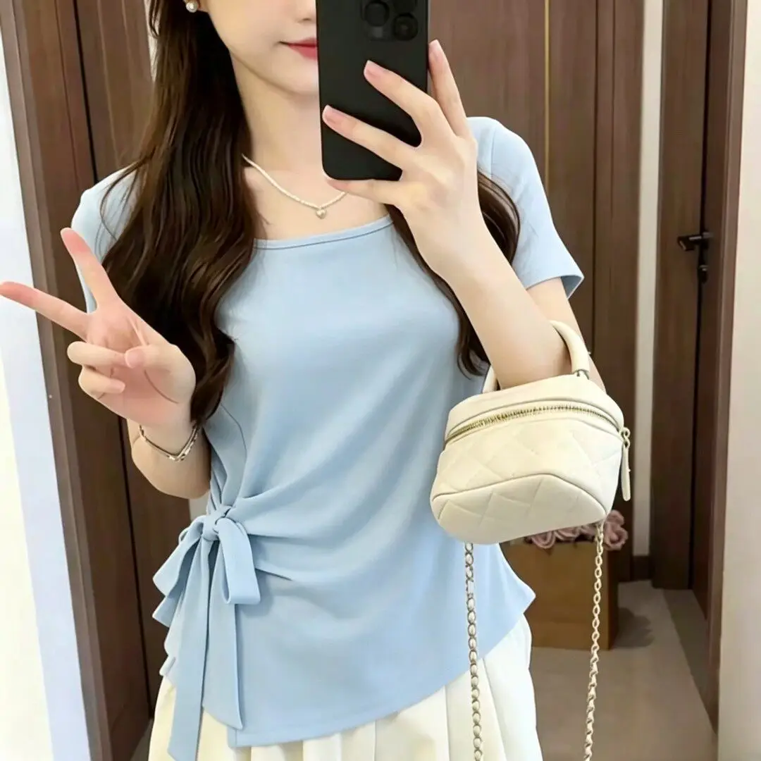 French-Style Pure Desire Square-Neck Irregular Tie Waist Slimming Short-Sleeve T-Shirt 2026 Summer New Elegant Top