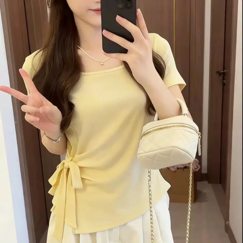 French-Style Pure Desire Square-Neck Irregular Tie Waist Slimming Short-Sleeve T-Shirt 2026 Summer New Elegant Top